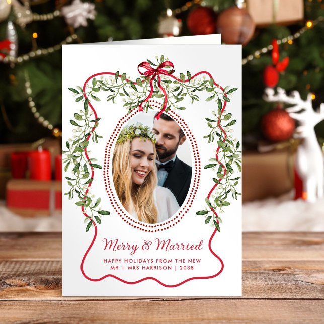 Merry Married Wavy Frame Newlyweds Christmas Photo Holiday Card (Creator Uploaded)