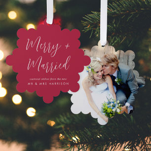 Merry Married Wedding Photo Christmas Holiday Tree Decoration Card