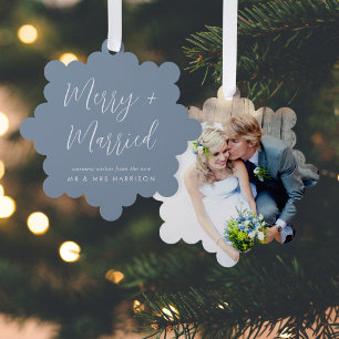 Merry Married Wedding Photo Dusty Blue Christmas Tree Decoration Card
