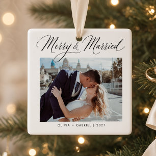 Merry & Married Wedding Photo Newlywed Ceramic Ornament