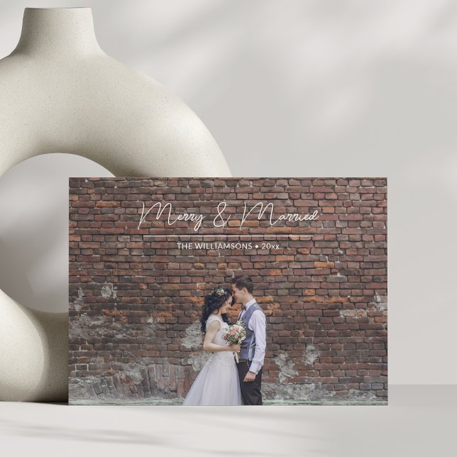 Merry Married White Script Overlay Wedding Photo Holiday Card (Creator Uploaded)