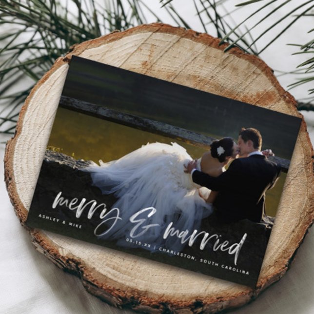 Merry Married White Script Photo QR Code Holiday  Postcard (Sharing your happiest moment with the world—newly married and filled with joy this holiday season!)