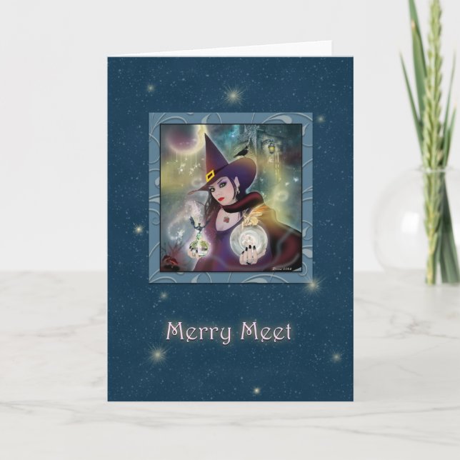 Merry Meet - Witch Blue Sparkle blank Holiday Card (Front)