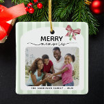 Merry Memories Photo Christmas Bow Ornament<br><div class="desc">This Christmas tree ornament features space for 2 photos framed within a soft, light green striped border on the front and a rich red on the back. At the top, the phrase “MERRY memories” is prominently displayed, blending a bold, festive font with elegant script. A red and green ribbon bow...</div>