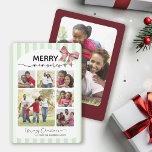 Merry Memories Photo Collage Bow Christmas Holiday Card<br><div class="desc">This Christmas card features a joyful and heartwarming collage of family photos framed within a soft, light green striped border. At the top, the phrase “MERRY memories” is prominently displayed, blending a bold, festive font with elegant script. A pink and green ribbon bow adds a cheerful holiday touch in the...</div>