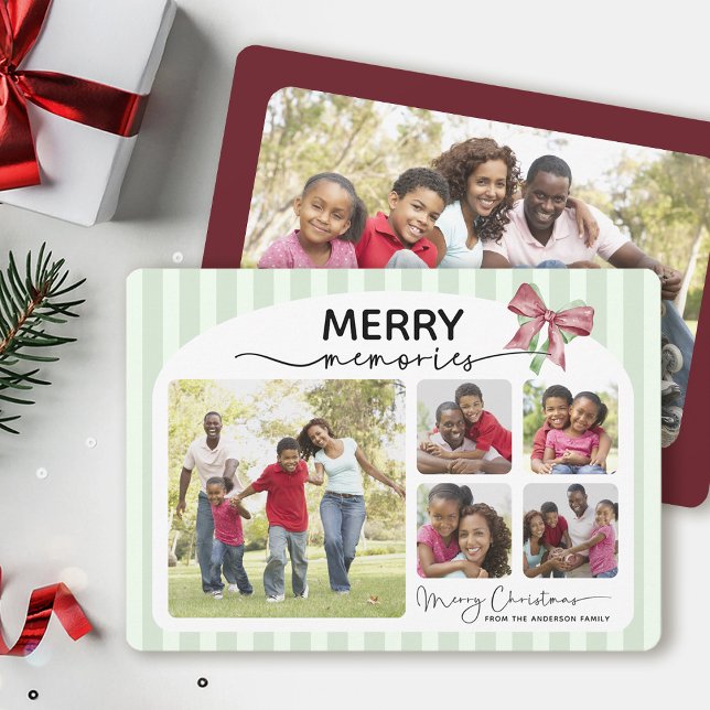 Merry Memories Photo Collage Bow Christmas Holiday Card (Creator Uploaded)