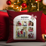 Merry Memories Photo Collage Christmas Bow Cushion<br><div class="desc">This Christmas throw pillow features a joyful and heartwarming collage of family photos on a dark red background. At the top, the phrase “MERRY memories” is prominently displayed, blending a bold, festive font with elegant calligraphy script. A red and green ribbon bow adds a cheerful holiday touch in the upper...</div>