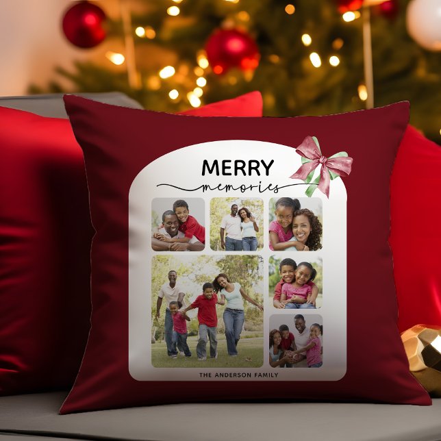 Merry Memories Photo Collage Christmas Bow Cushion (Creator Uploaded)
