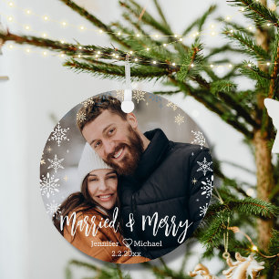 merry&merried christmas snowflakes couple photo  metal tree decoration