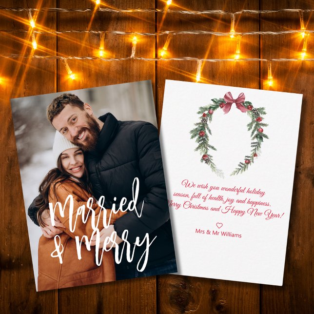 merry&merried, newlyweds holiday photo note card (Creator Uploaded)