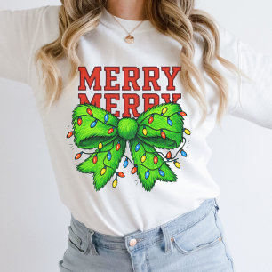 Merry Merry Christmas Lights Green Bow Holiday Sweatshirt