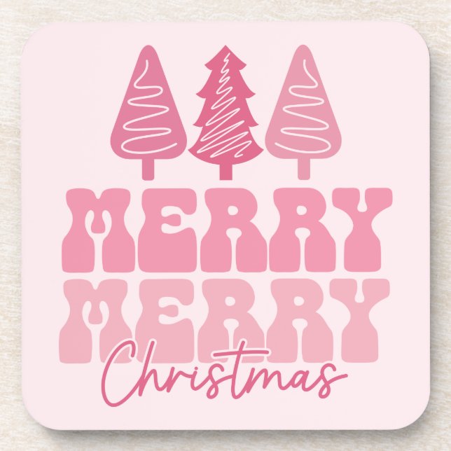 Merry Merry Christmas - Pink Holiday Design Coaster (Front)