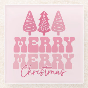 Merry Merry Christmas - Pink Holiday Design Glass Coaster