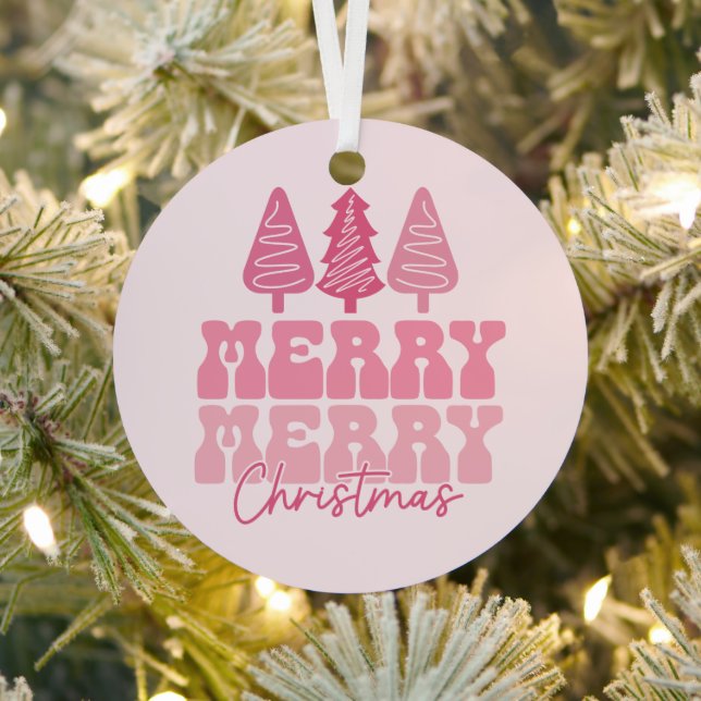 Merry Merry Christmas - Pink Holiday Design Metal Tree Decoration (Insitu)