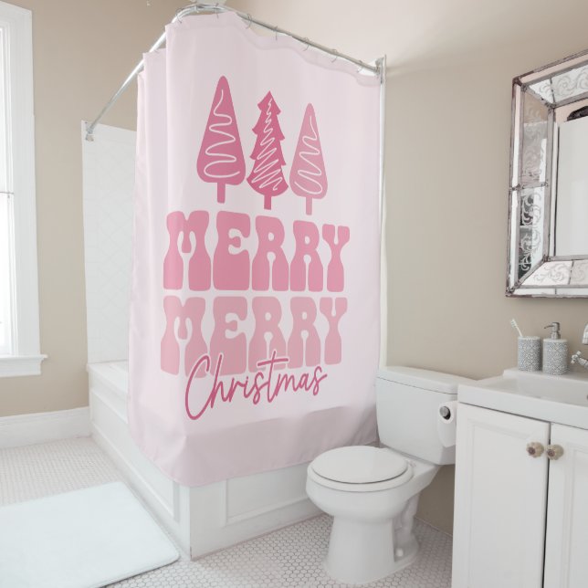 Merry Merry Christmas - Pink Holiday Design Shower Curtain (In Situ)