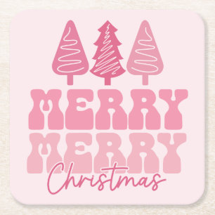 Merry Merry Christmas - Pink Holiday Design Square Paper Coaster