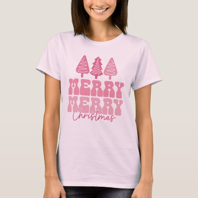 Merry Merry Christmas - Pink Holiday Design T-Shirt (Front)