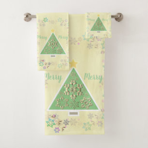 "Merry Merry" Christmas Tree & Snowflakes  Bath Towel Set