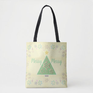 "Merry Merry" Christmas Tree & Snowflakes Tote Bag