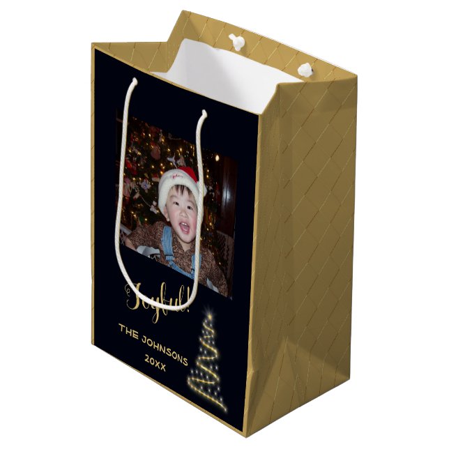 Merry! Merry! ~ Gold Christmas Tree Medium Gift Bag (Front Angled)