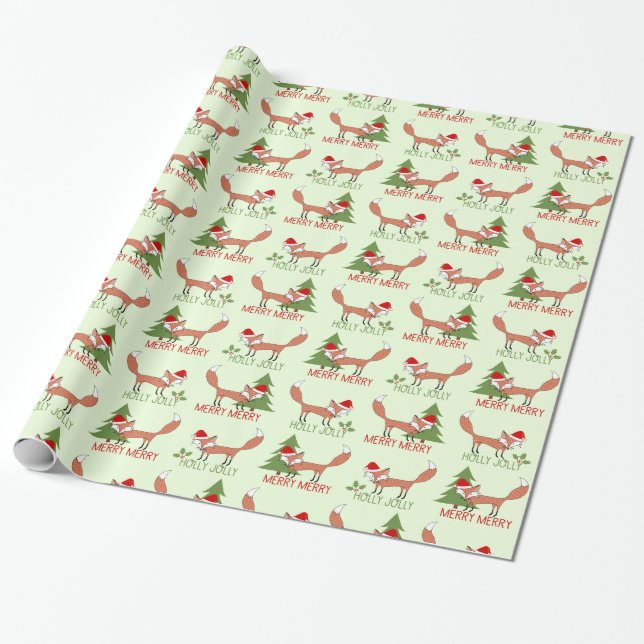 Merry Merry Holly Jolly Illustrated Fox Wrapping Paper (Unrolled)