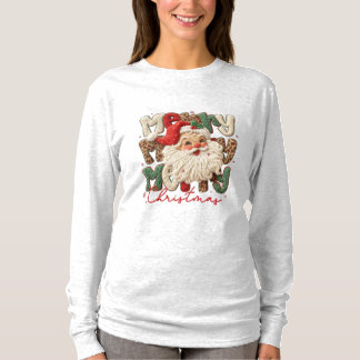 Merry Merry Merry Christmas– Faux Embroidery Santa T-Shirt