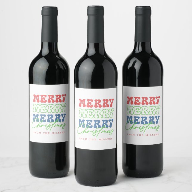 Merry, Merry, Merry Christmas retro typography Wine Label (Bottles)