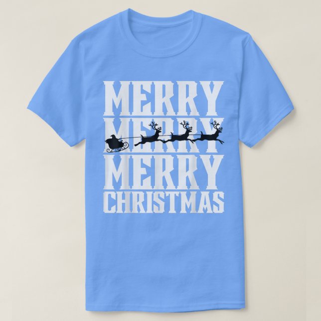 Merry Merry Merry Christmas Santa's Sleigh & Flyin T-Shirt (Design Front)