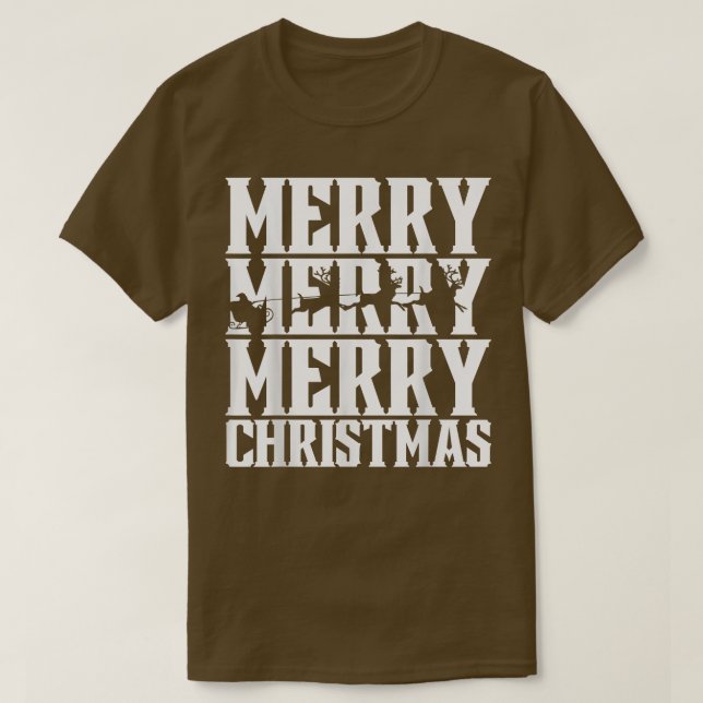 Merry Merry Merry Christmas Santas Sleigh & Flying T-Shirt (Design Front)