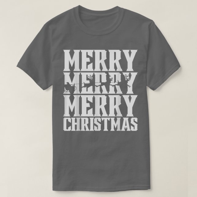 Merry Merry Merry Christmas Santas Sleigh & Flying T-Shirt (Design Front)