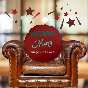 Merry Merry Modern Christmas Green Red Round Cushion
