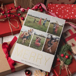 Merry Minimalist 5 Photo<br><div class="desc">Modern and elegant gold foil "MERRY",  Holiday photo collage card. Card features 5 photos on front with multiple lines for your custom message,  names and year on back of card.</div>