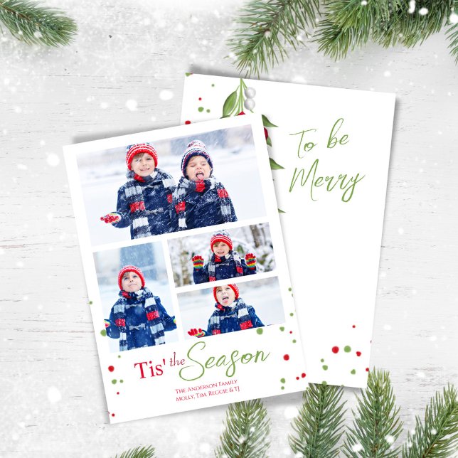 Merry Mistletoe Cute Christmas Photo Collage Holiday Card (Tis the Season to be Merry. Multi photo card.)