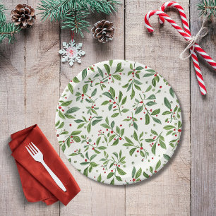 Merry Mistletoe Red Berry White Watercolor Paper Plate