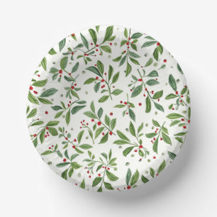 Merry Mistletoe Red Berry White Watercolor Paper Plate