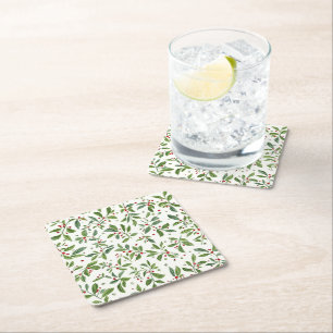 Merry Mistletoe Red Berry White Watercolor Square Paper Coaster