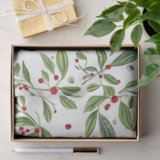 Merry Mistletoe Red Berry White Watercolor Tissue Paper (Gift)