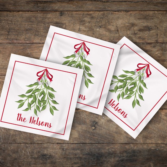 Merry Mistletoe White Berries  Napkin (Christmas merry mistletoe watercolor simple customized calligraphy napkin. )