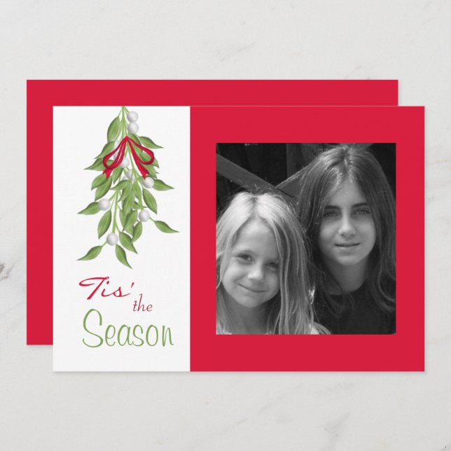 Merry Mistletoe with Red Bow Holiday Photo Card (Front/Back)