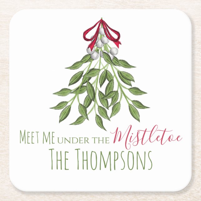 Merry Mistletoe with White Berries Square Paper Coaster (Front)