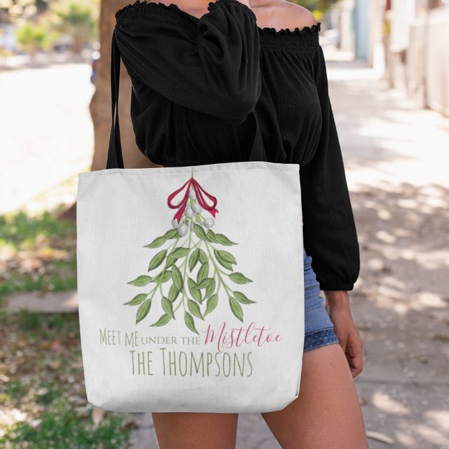 Merry Mistletoe with White Berries Tote Bag (Meet me under the mistletoe holiday tote bag)