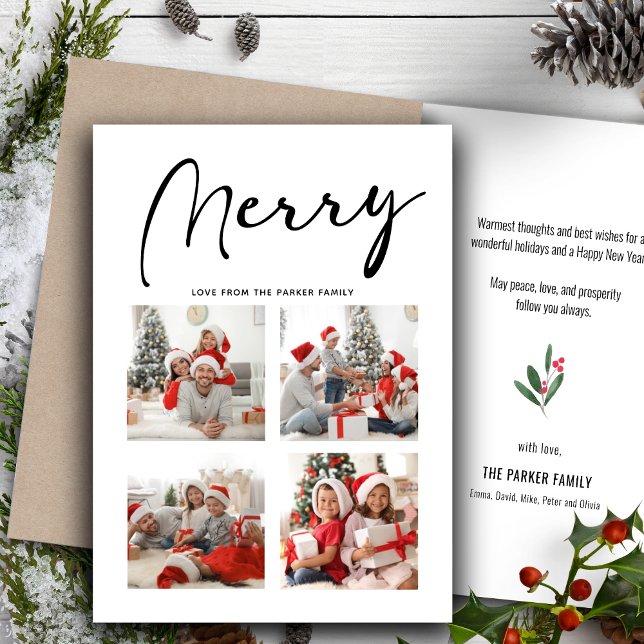 MERRY Modern Black Script Chic Minimalist Photo Holiday Card (Creator Uploaded)