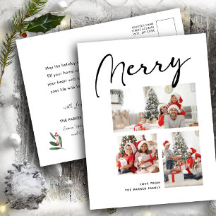 MERRY Modern Black Script Chic Minimalist Photo Holiday Postcard