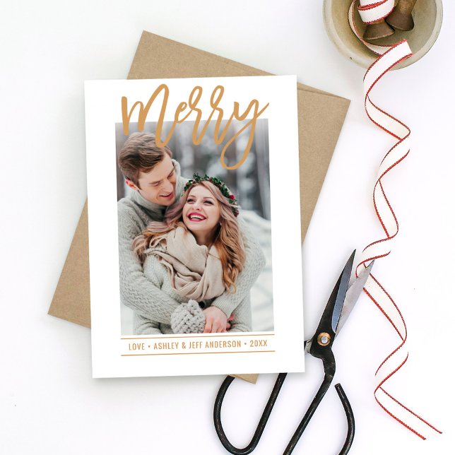 Merry Modern Cognac Tan Script Newlywed Photo Holiday Card (Creator Uploaded)