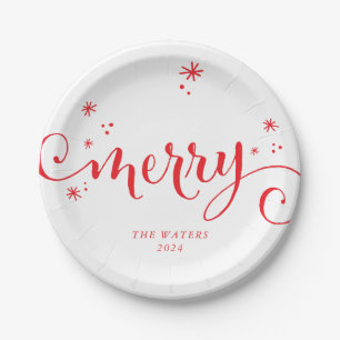 MERRY MODERN festive fun calligraphy sparkles red Paper Plate