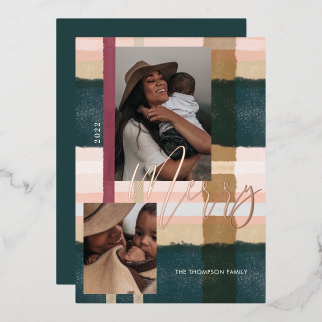 Merry Modern Green & Pink Plaid Plaid Two Photo (Front/Back)