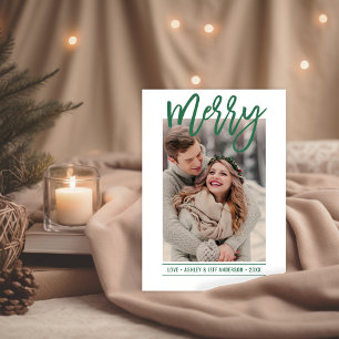 Merry Modern Green Script Newlywed Photo Holiday Card