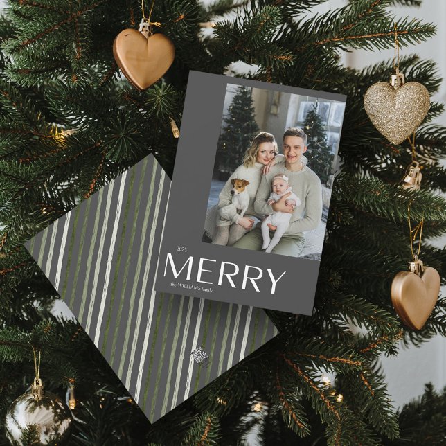 Merry Modern Grey Photo Christmas Holiday Card (Spread Cheer! Customize Your 'MERRY' Photo Holiday Card 📷🎄 [Upload Here])