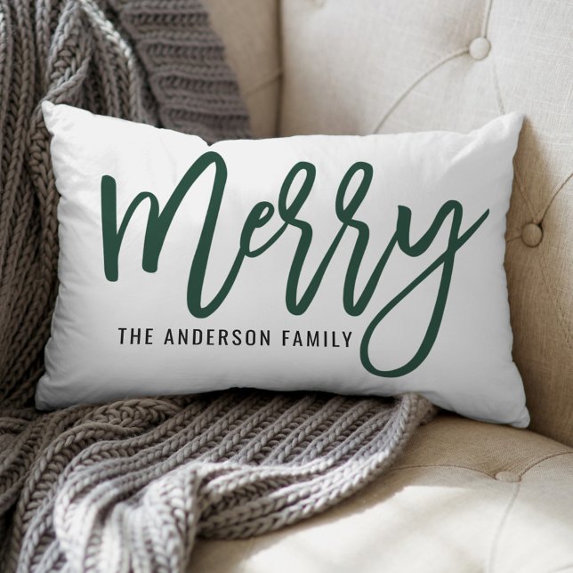 Merry Modern Hunter Green Script Holiday Christmas Lumbar Cushion (Creator Uploaded)