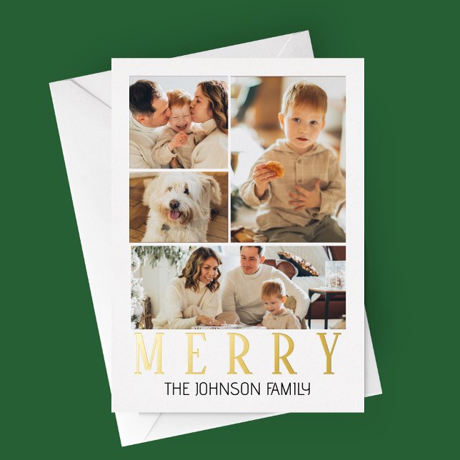 Merry Modern Photo Collage (Modern Merry Christmas Card | Real Gold Foil | 4 Photos)